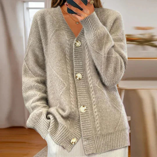 Women's oversized cable knit cardigan with a V-neck and large buttons - taupe