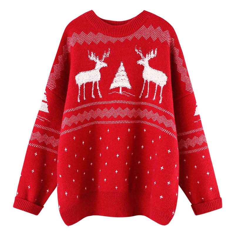 Women's oversized Christmas jumper with fluffy reindeer and a little tree