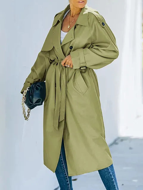 Women's oversized double-breasted trench coat with a tie belt and epaulettes - olive green