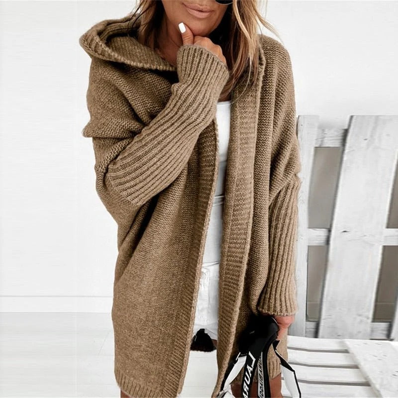 Women's oversized knit cardigan with a hood and batwing sleeves - camel