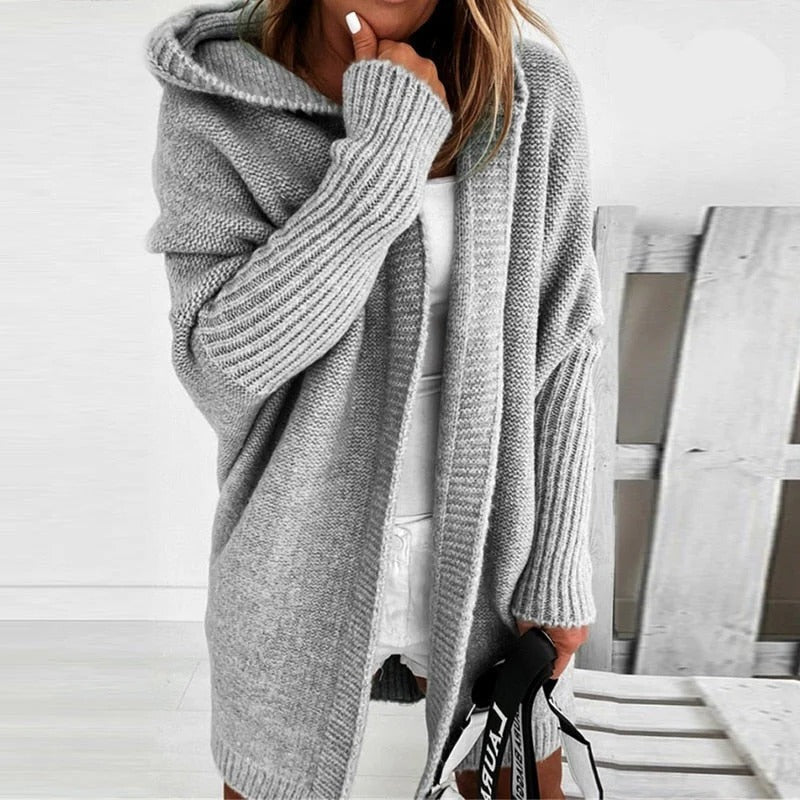 Women's oversized knit cardigan with a hood and batwing sleeves - grey