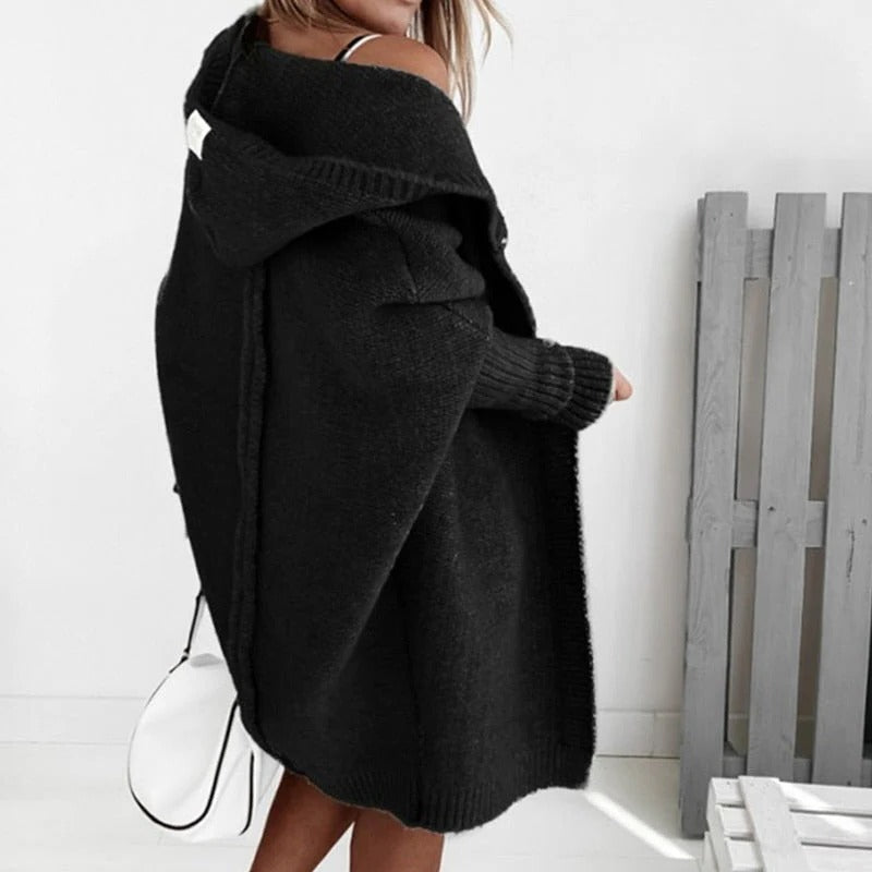 Women's oversized knit cardigan with a hood and batwing sleeves