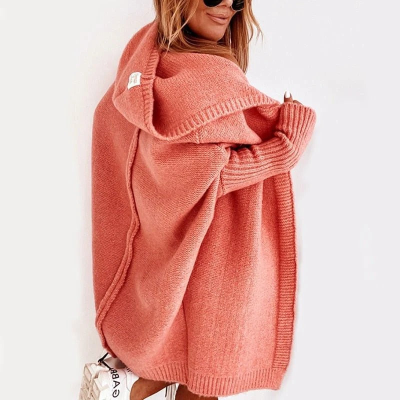 Women's oversized knit cardigan with a hood and batwing sleeves - coral