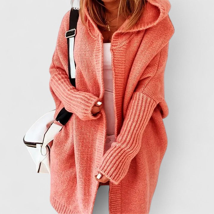 Women's oversized knit cardigan with a hood and open front - coral