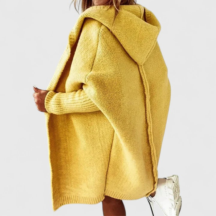 Women's oversized knit cardigan with a hood and open front - yellow