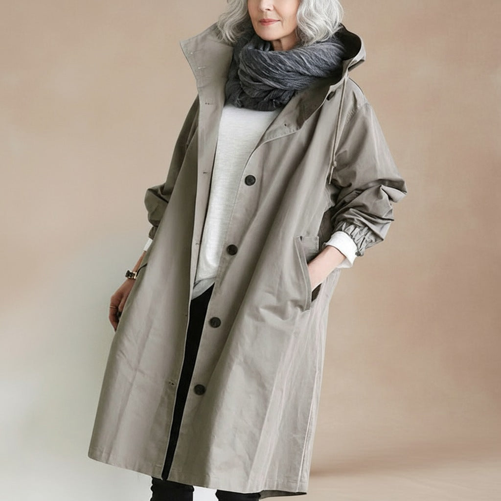Women's oversized hooded trench coat with a button front - stone grey
