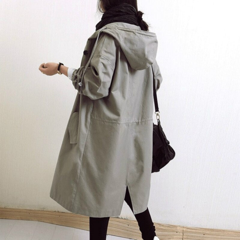 Women's oversized hooded trench coat with a button front - stone grey
