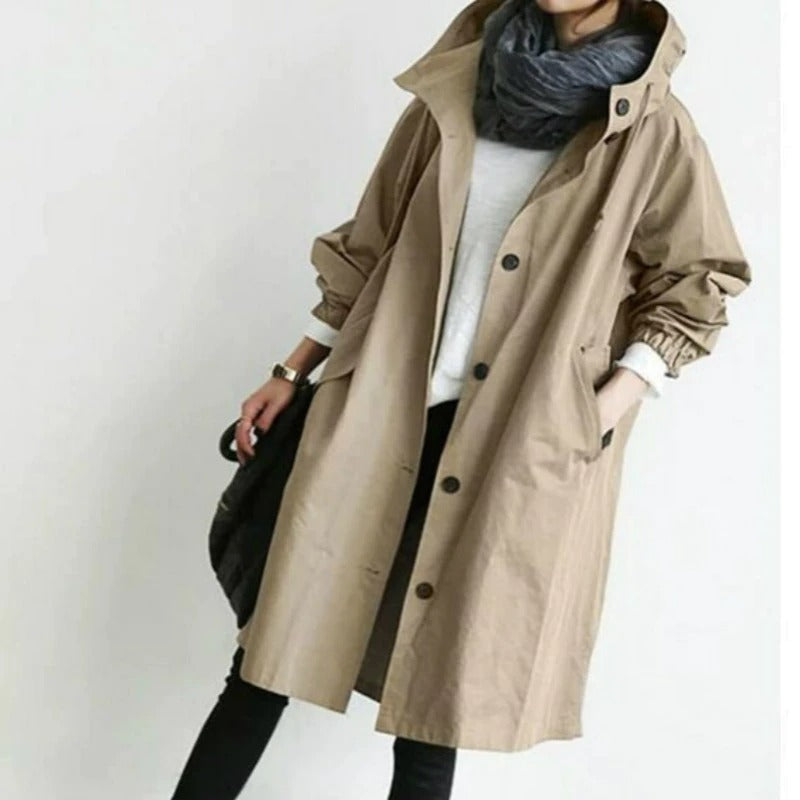 Women's oversized hooded trench coat with a button front - camel