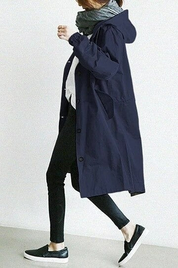 Women's oversized hooded trench coat with a button front - navy