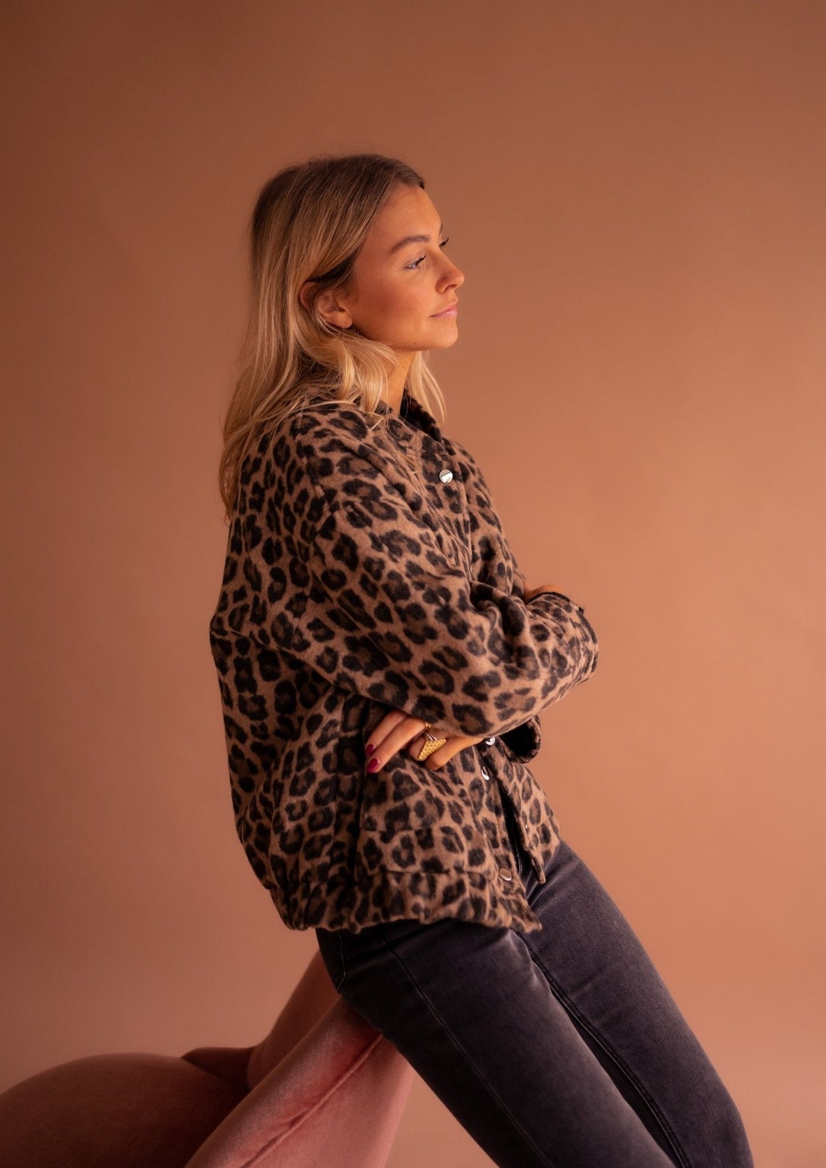Women's oversized leopard print jacket with press studs