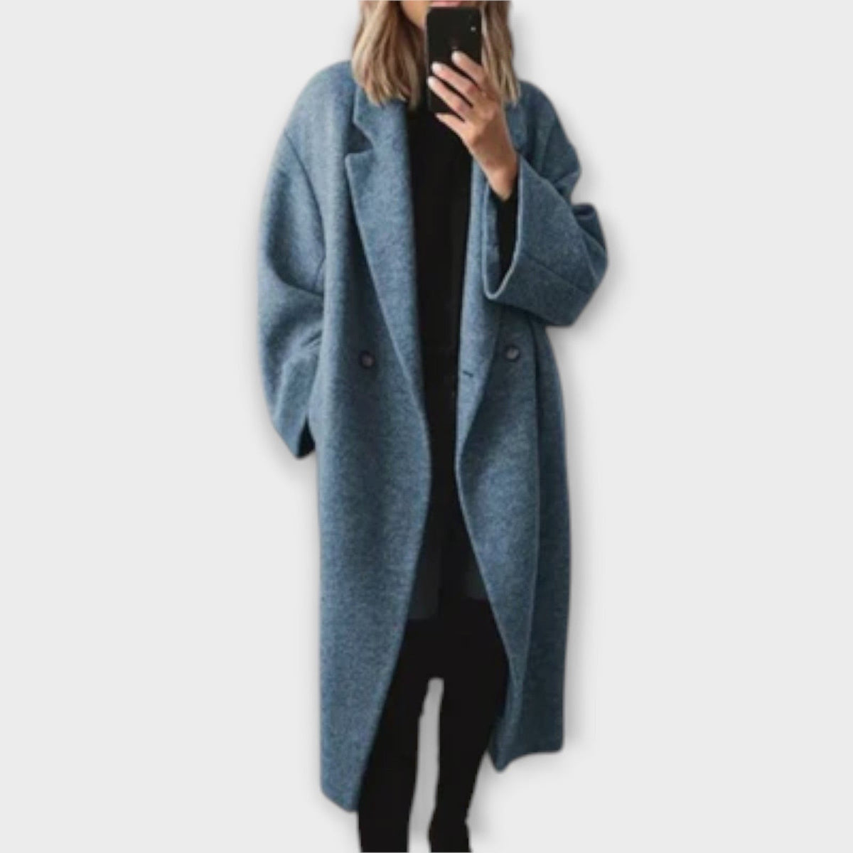 Women's oversized longline coat with lapels and dropped shoulders - dusty blue