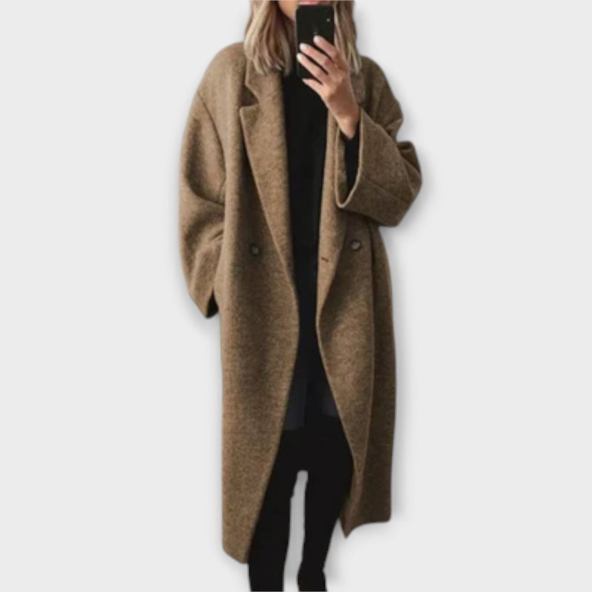 Women's oversized longline coat with lapels and dropped shoulders - light brown