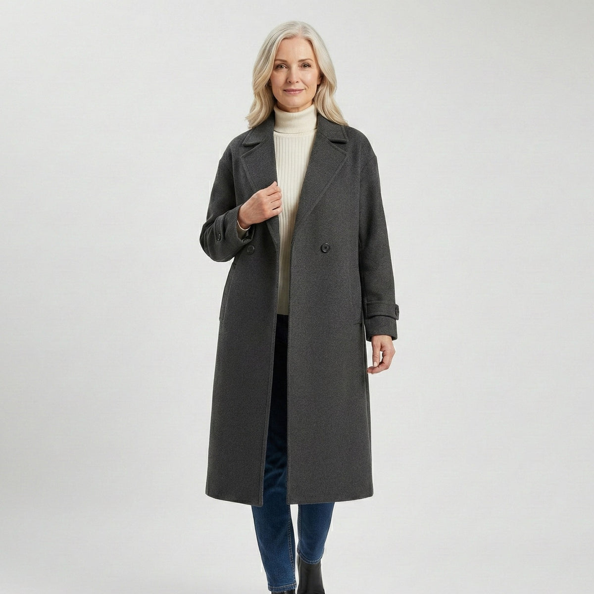 Women's oversized longline wool-look coat with wide lapels - charcoal