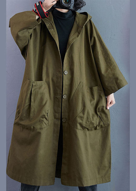 Women's oversized longline hooded coat with a button front and patch pockets - army green