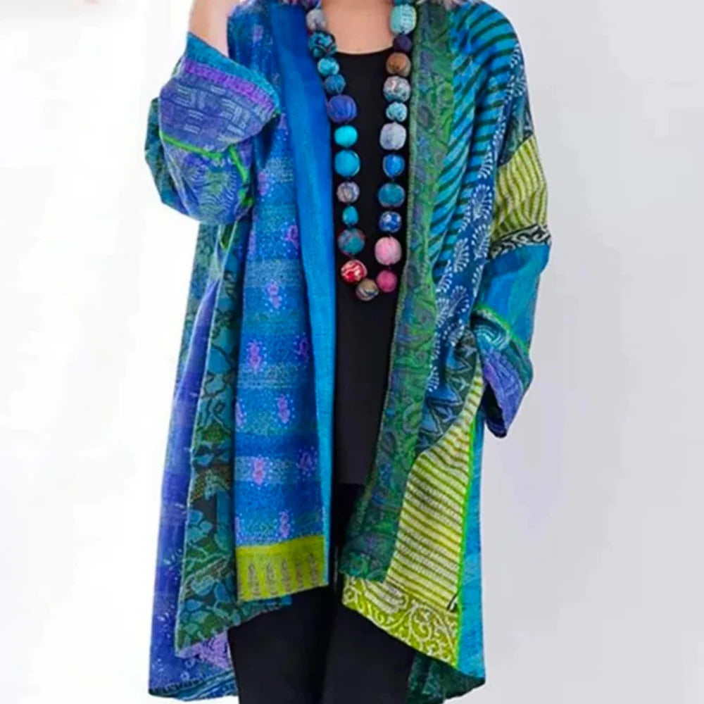 Women's oversized patchwork print cardigan with an open front - blue