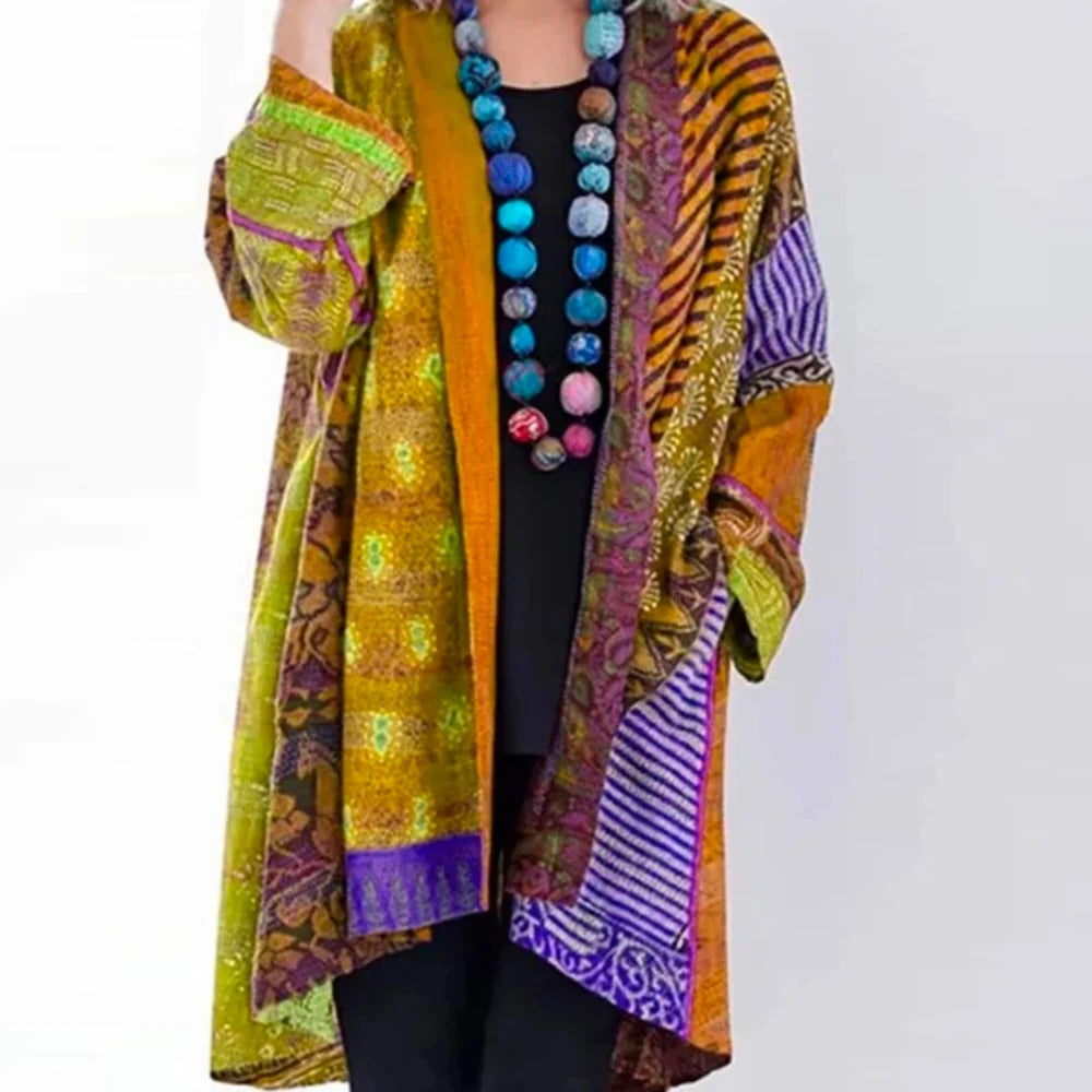 Women's oversized patchwork print cardigan with an open front - yellow