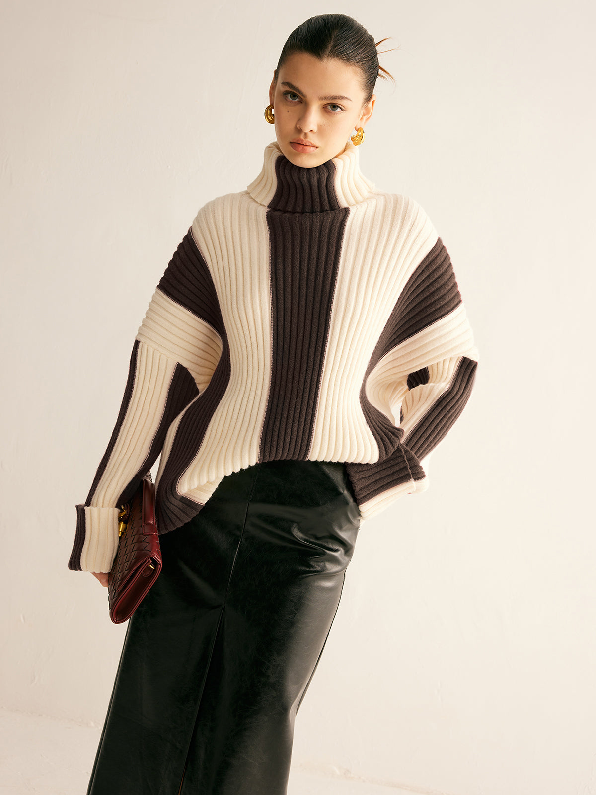 Women's oversized roll neck jumper with vertical colour blocks in chunky rib - dark brown/cream