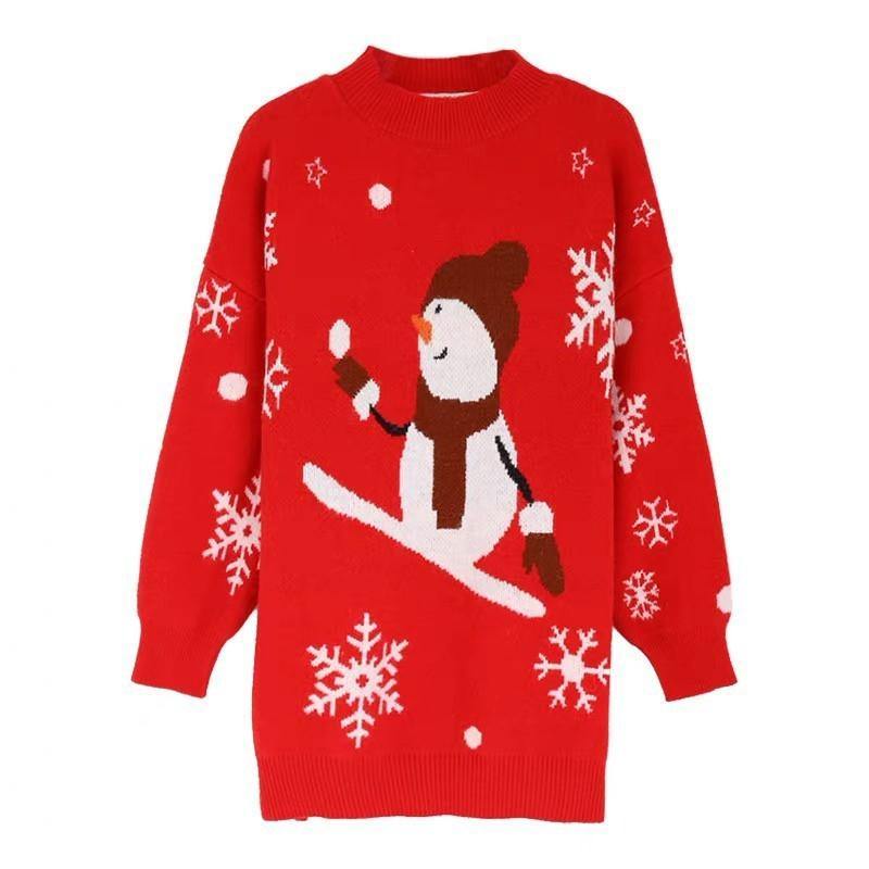 Women's longline oversized Christmas jumper with a snowman, snowflakes and dots
