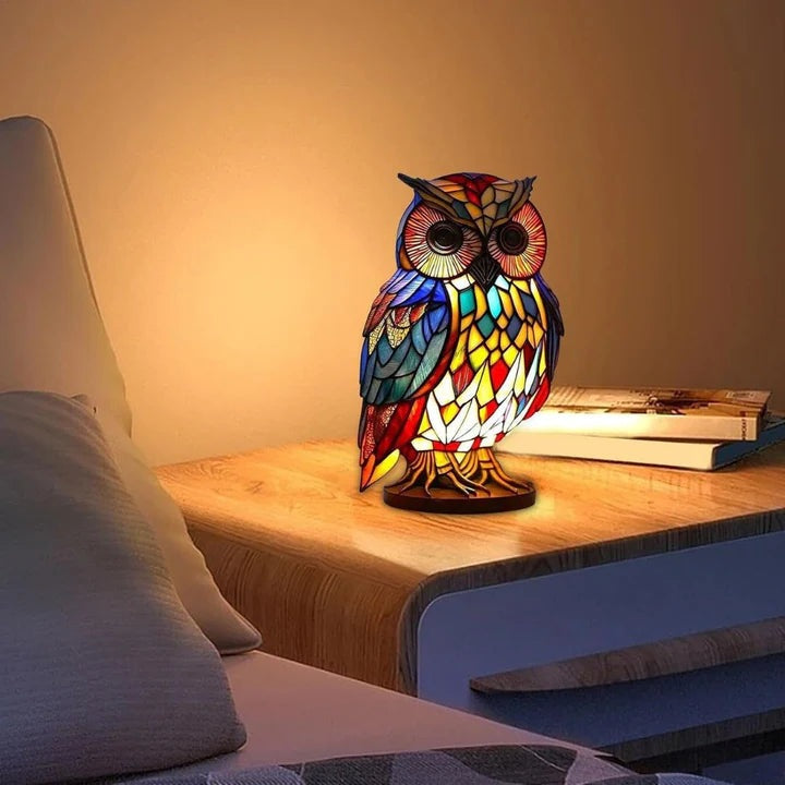 Owl lamp in a stained glass look with red, blue and yellow panels on a round base