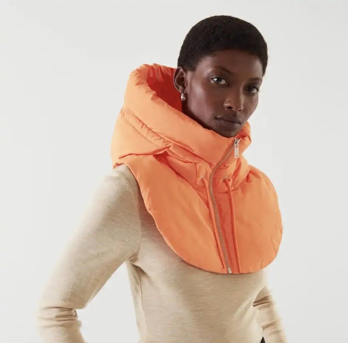 Women's padded hooded scarf with high collar, zip and drawstring - orange