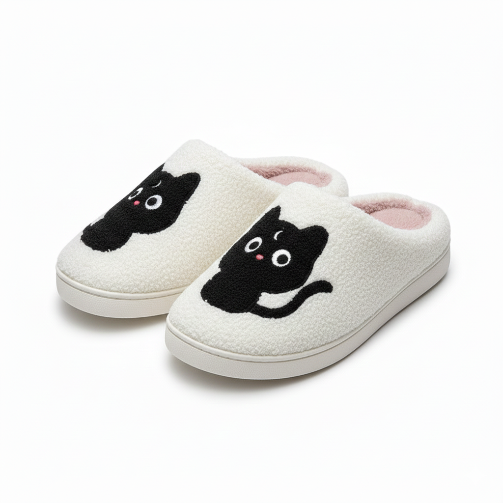 Embroidered dog and cat slippers in teddy fleece in black cat