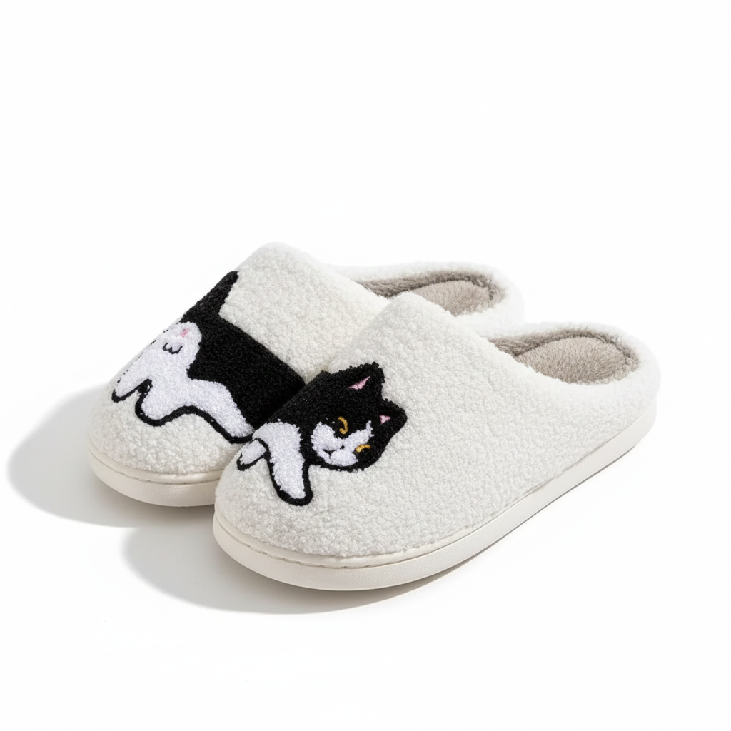 Embroidered dog and cat slippers in teddy fleece in tuxedo cat
