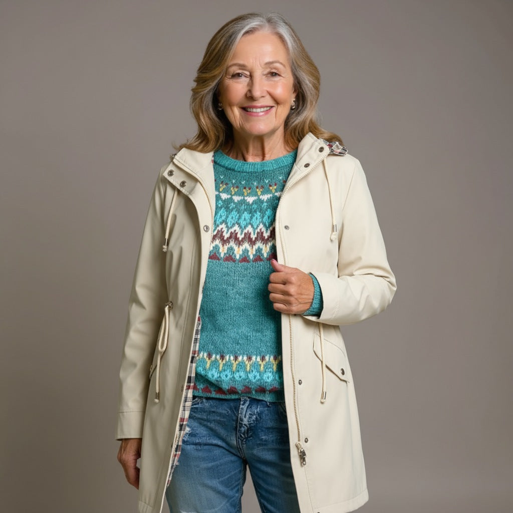 Women's parka with a detachable hood and drawstring waist - cream