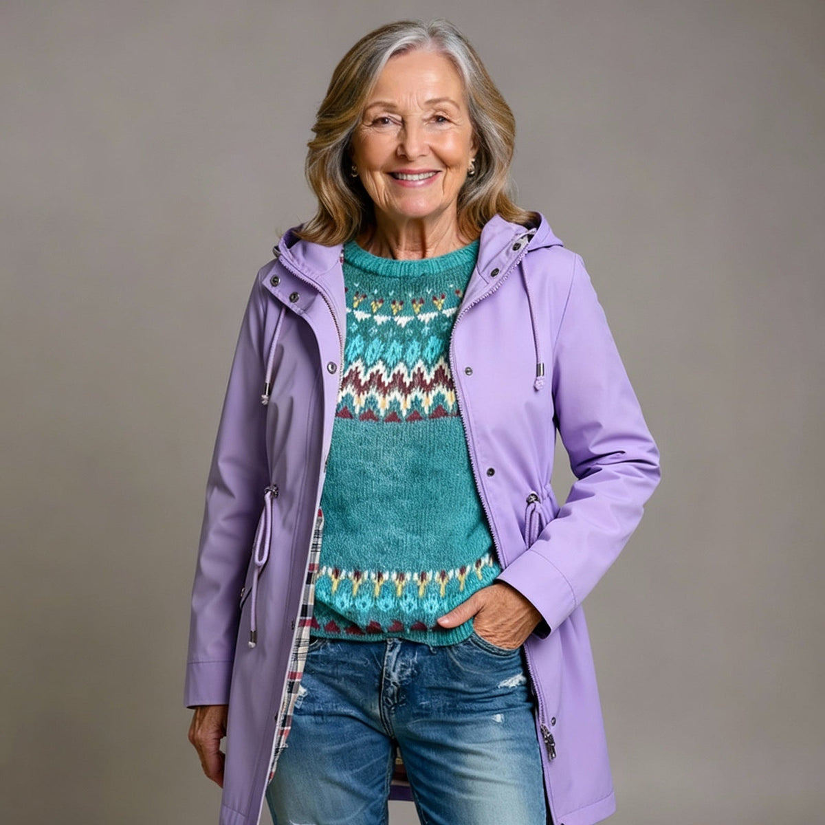 Women's parka with a detachable hood and drawstring waist - lilac
