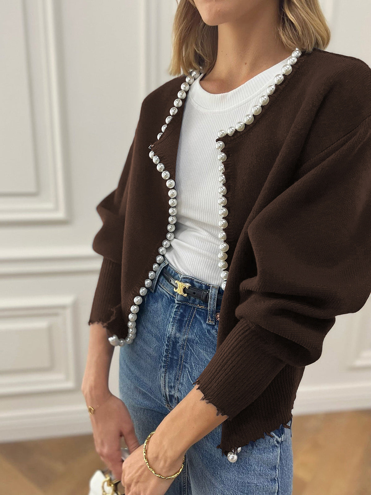Women's short cardigan with a round neck, pearl trim and balloon sleeves - dark brown