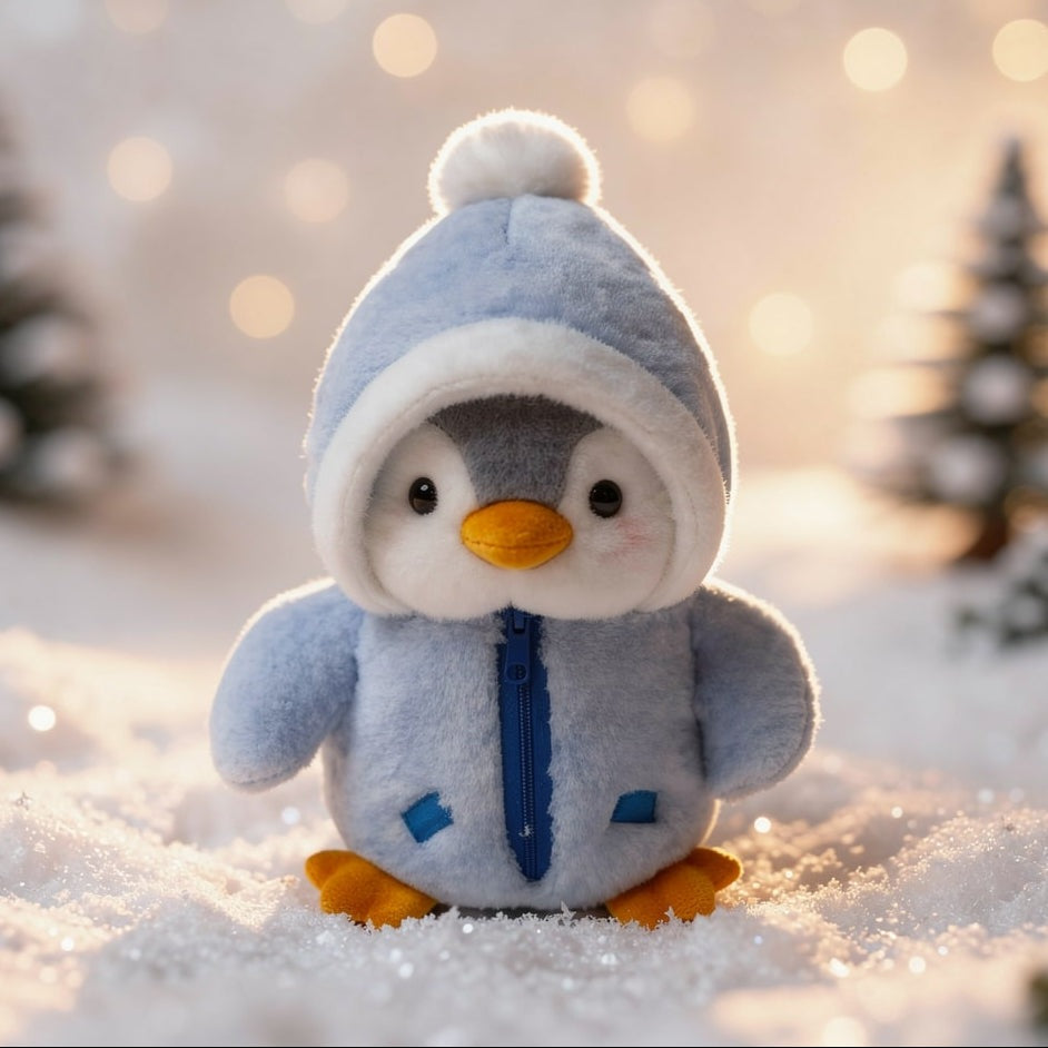 25 cm penguin soft toy in a hooded jacket - light blue