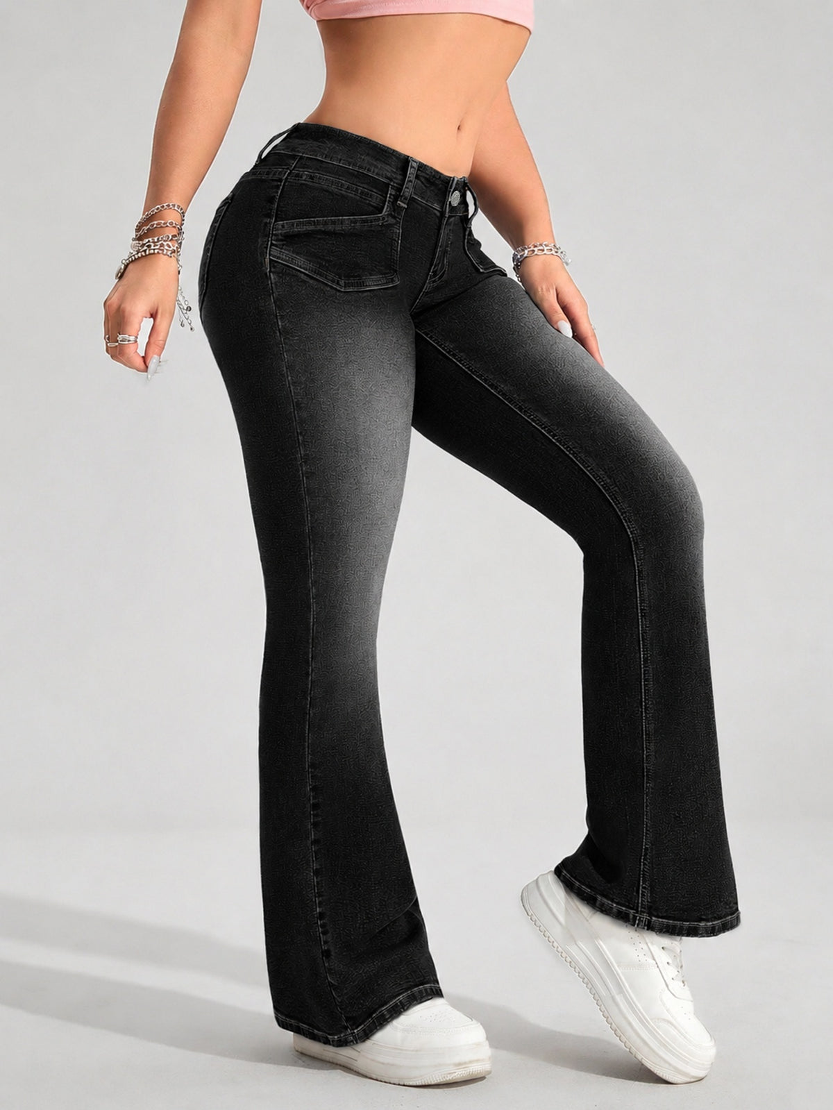Petite low rise flared jeans for women with a leg that flares from the knee - view 7