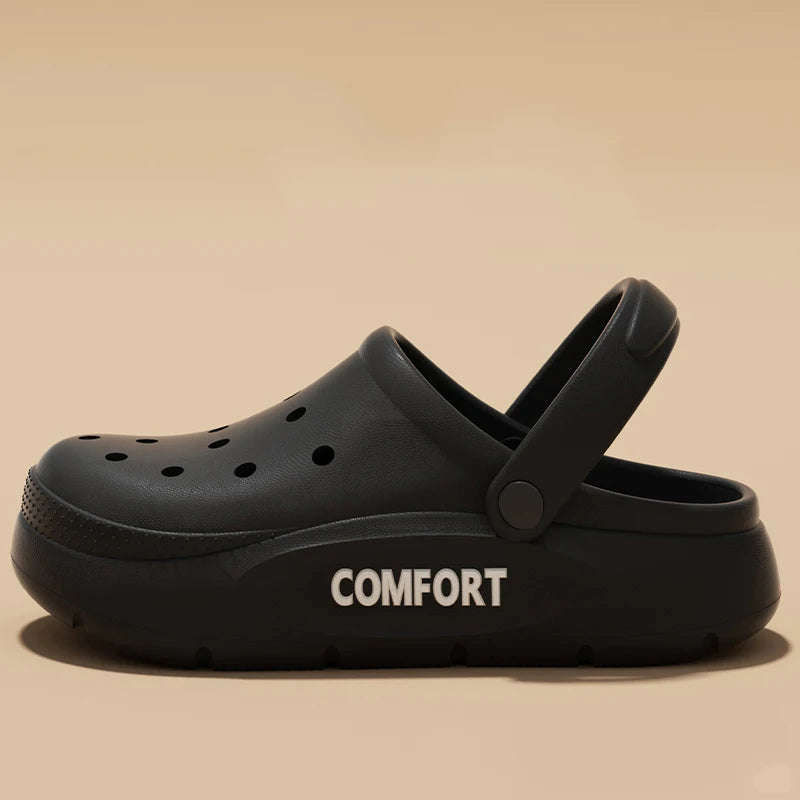 Clogs in EVA with a closed toe, vent holes, platform sole and heel strap