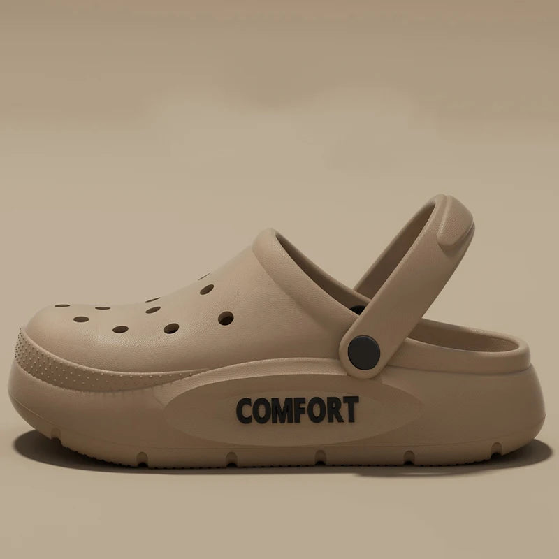 Clogs in EVA with a closed toe, vent holes, platform sole and heel strap - taupe