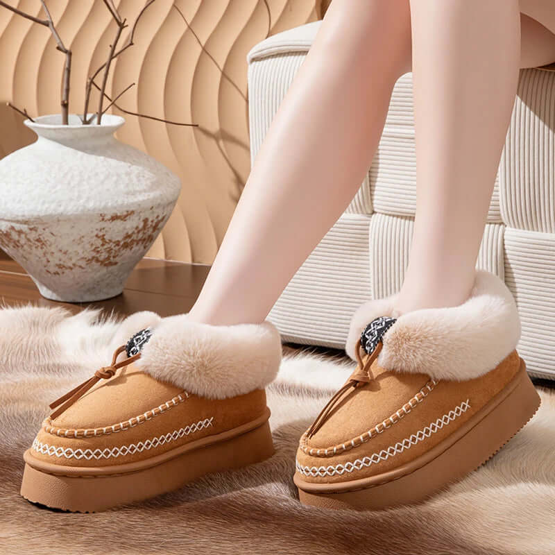 Women's platform slipper boots in a suede look with plush collar, contrast stitching and thick sole - view 4