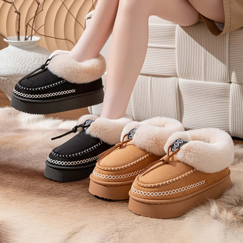 Women's platform slipper boots in a suede look with plush collar, contrast stitching and thick sole - view 5