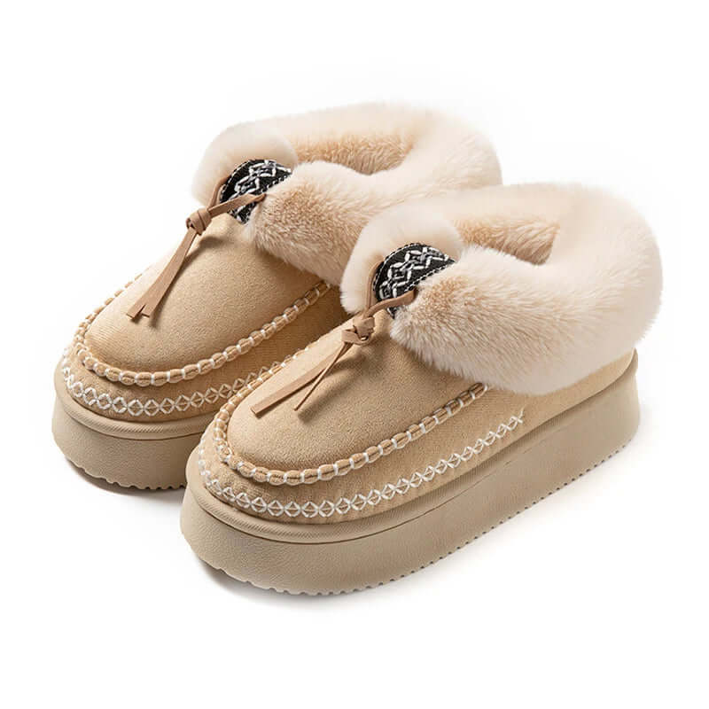 Women's platform slipper boots in a suede look with plush collar, contrast stitching and thick sole - beige