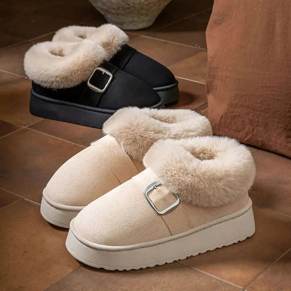 Women's platform slippers in suede look with faux fur collar, buckle and thick sole - view 5