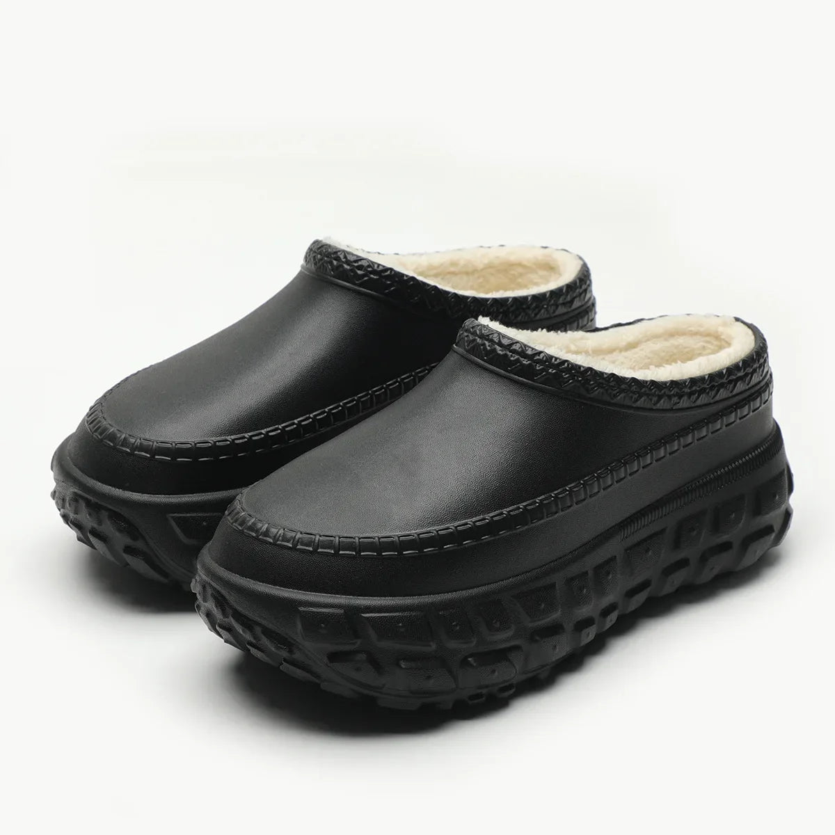 Platform slippers with a faux leather upper, thick tyre-tread sole and plush lining - black