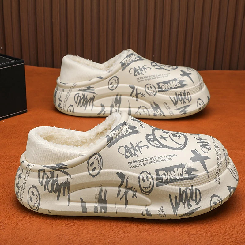 Platform slippers with an all-over graffiti print, plush lining and knitted heel collar - view 2