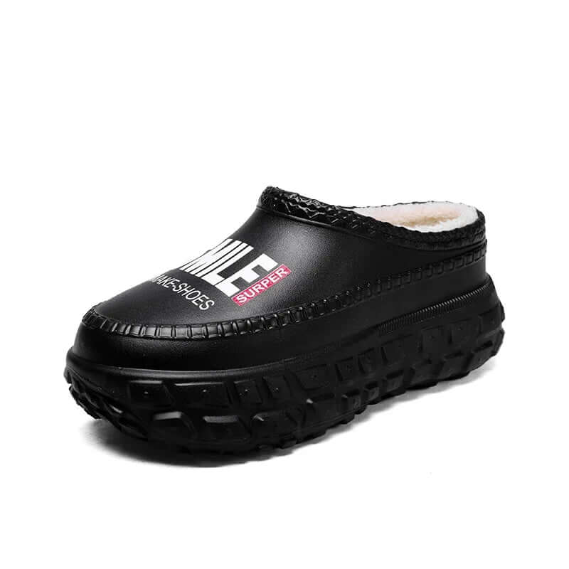 Platform slippers with a water-repellent shell, plush lining and chunky lug sole - black