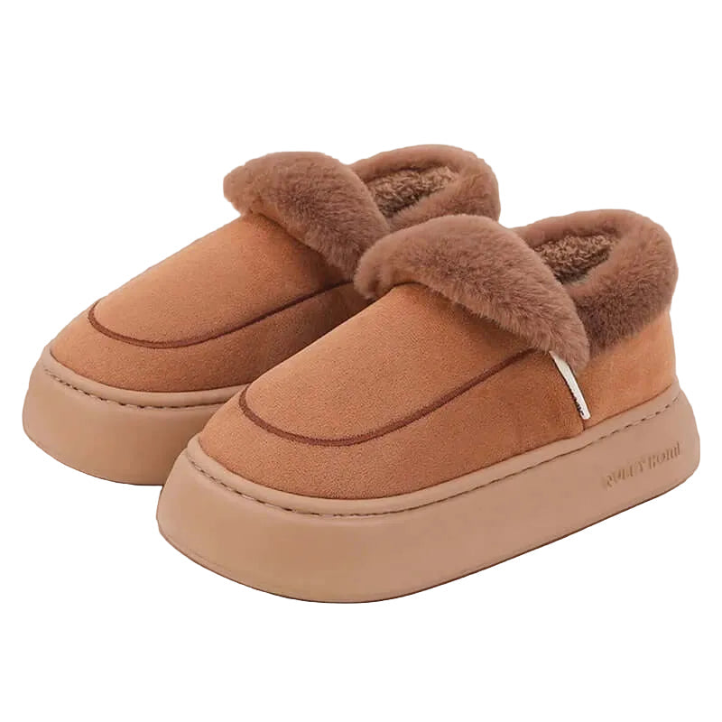 Platform slippers in a suede look with a fold-over plush collar and thick flat sole - camel
