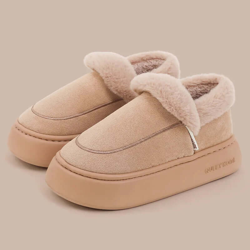Platform slippers in a suede look with a fold-over plush collar and thick flat sole - view 2