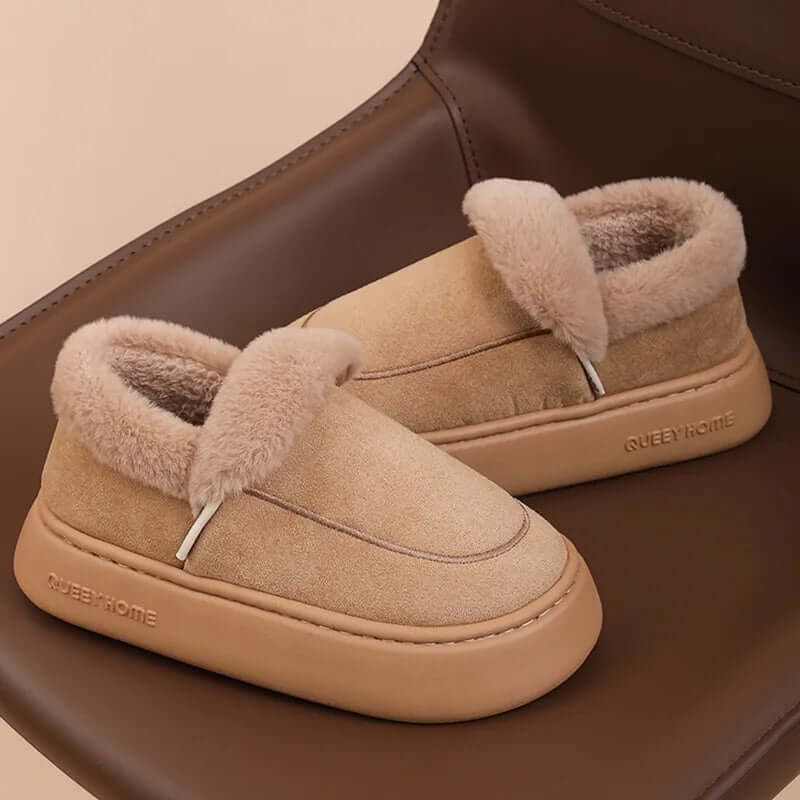 Platform slippers in a suede look with a fold-over plush collar and thick flat sole - view 4