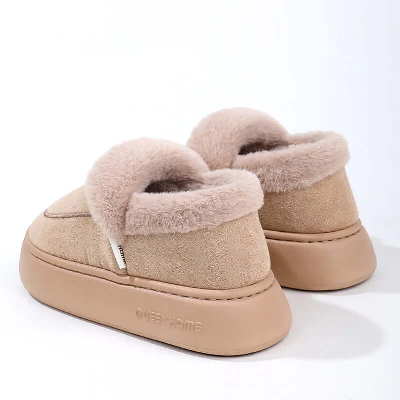Platform slippers in a suede look with a fold-over plush collar and thick flat sole - view 6
