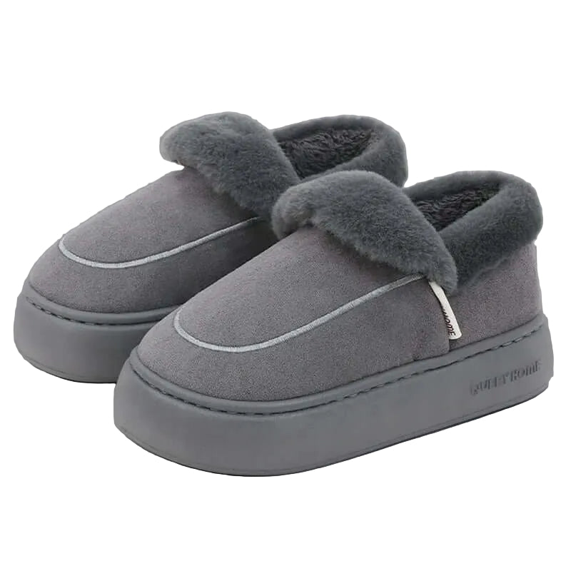 Platform slippers in a suede look with a fold-over plush collar and thick flat sole - grey