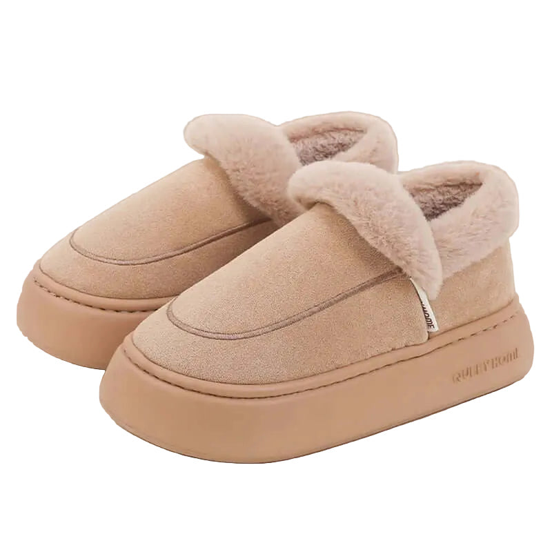 Platform slippers in a suede look with a fold-over plush collar and thick flat sole - beige