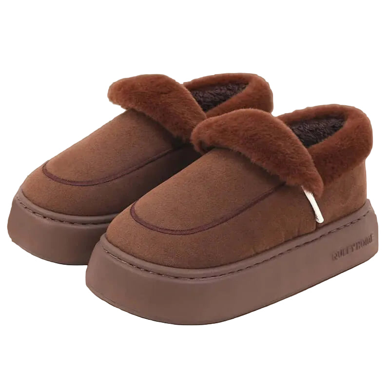 Platform slippers in a suede look with a fold-over plush collar and thick flat sole - brown