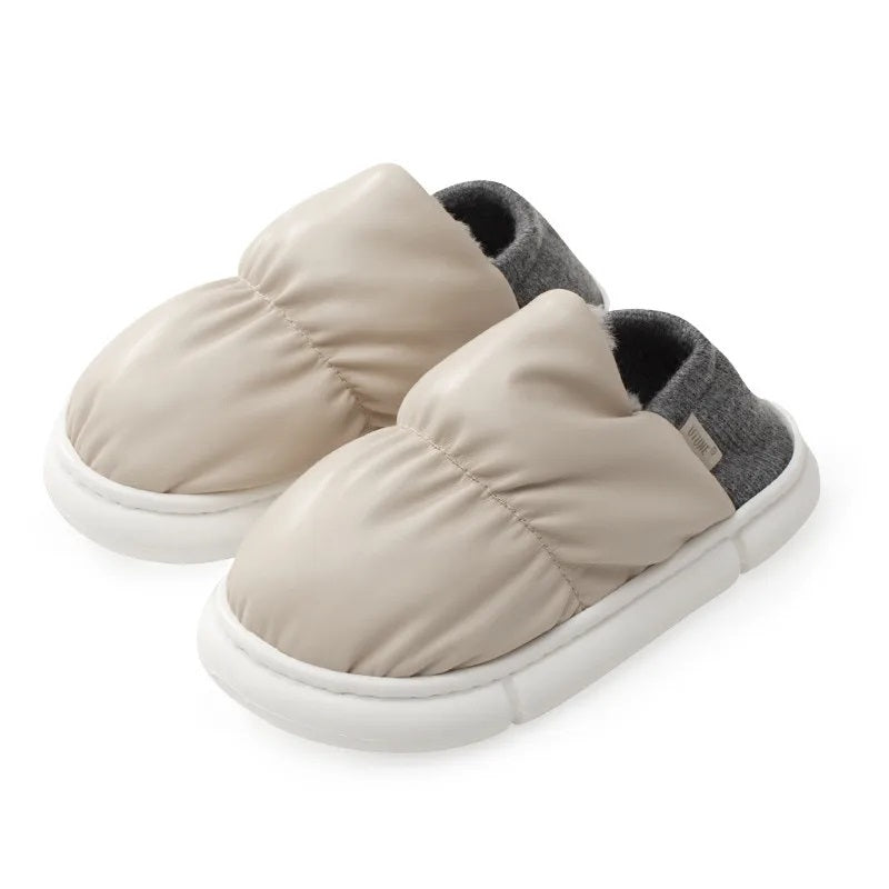 Platform slippers in faux leather with a puffer-style upper, knit heel and thick sole - light beige