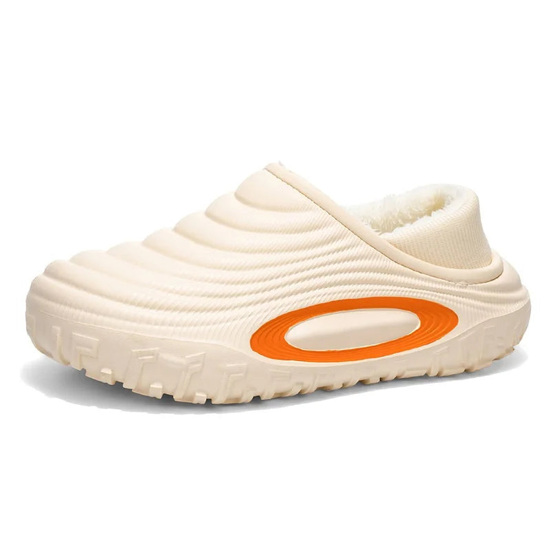 Platform slippers with a ridged shell, oval side detail, plush lining and lug sole - beige