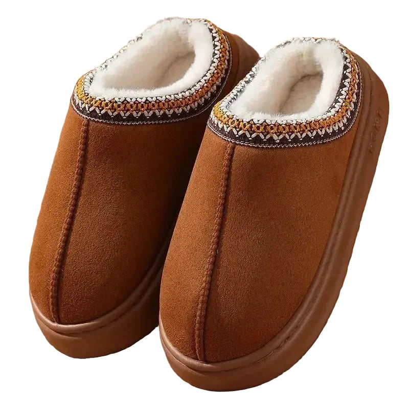 Platform slippers in a suede look with plush lining and embroidered trim - chestnut